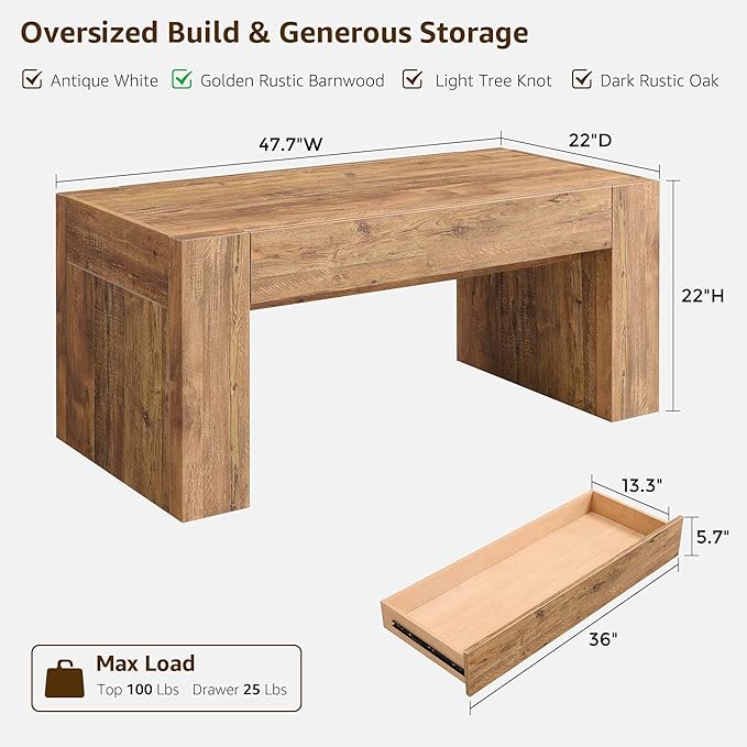 OKD 48" Modern Farmhouse Coffee Table, Wooden Living Room Table with Hidden Storage Drawer, Rustic Rectangular Center Tables w/Wood Thick Design for Living Room, Office, Gold Rustic Brown