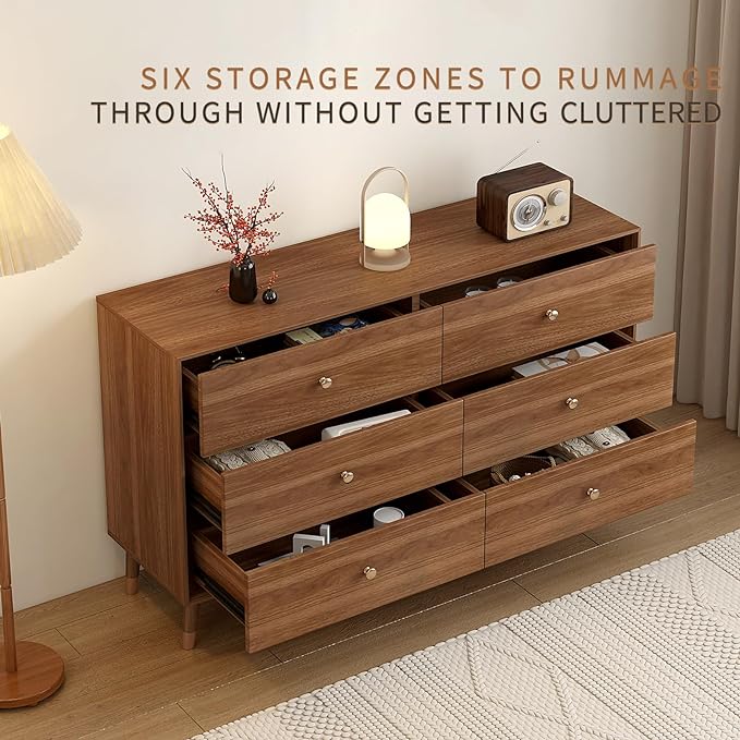 Dresser for Bedroom, Mid Century Modern 6-Drawer Solid Wood Chest, 47 Inch Walnut Finish, Heavy-Duty Drawer Glides, Storage Cabinet for Living Room, TV Stand (Brown, 47.2)