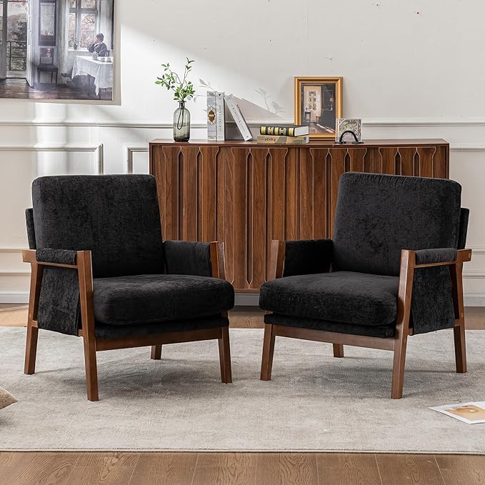Mid Century Modern Accent Chair with Wood Frame, Upholstered Living Room Chairs with Wide Armrest, Chenille Fabric Comfy Arm Chair for Bedroom, Reading Room, Balcony (1, Black)