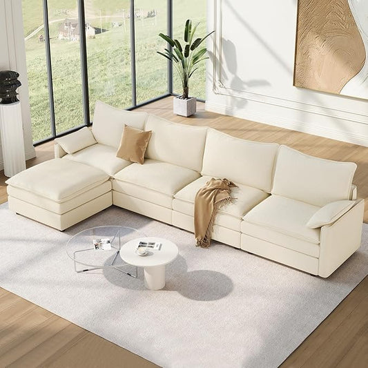 Vesgantti 142" Cloud Couch Sectional Modular Sofa, Comfy Sectional Couch with Ottoman Deep Seat Chenille L Shaped Sofa, Modular Couches for Living Room, Bedroom and Apartment, Beige