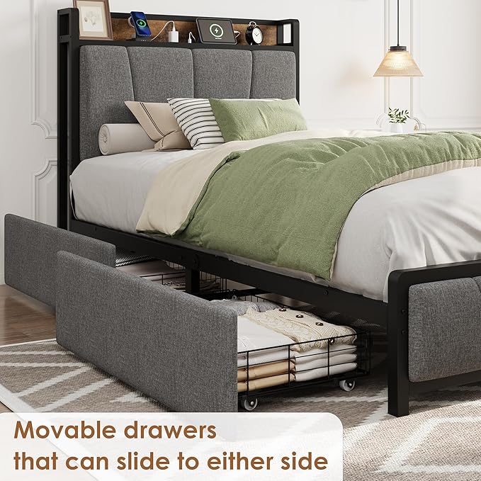 Twin Size Bed Frame with 2 Storage Drawers and Charging Station, Rustic Linen Upholstered Platform Bedframe with Storage Headboard, Heavy Duty, No Box Spring Needed, Easy Assembly, Noise Free,Grey