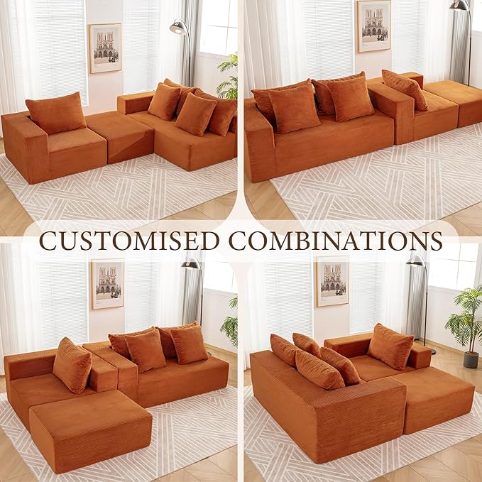 INGEROOM 108" Cloud Sectional Couch with L-Shape Chaise, Modular Sofa Memory Foam, Boneless Sofa with Movable Ottoman, Upholstered Couches for Living Room Bedroom, No Assembly Required, Orange