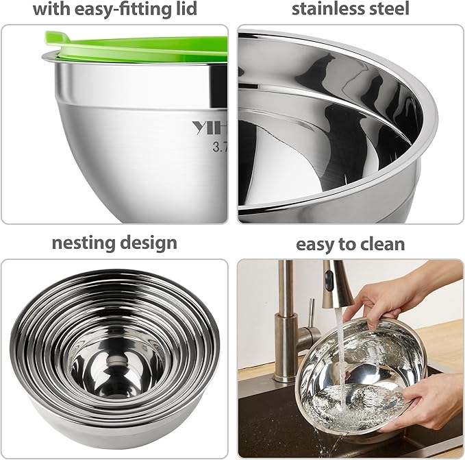 YIHONG 7 Piece Metal Mixing Bowls with Lids for Kitchen, Stainless Steel Set Ideal for Baking, Prepping, Cooking and Serving Food, Nesting Design for Space Saving Storage