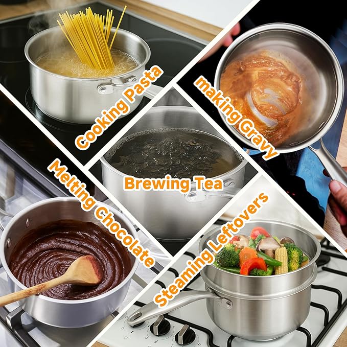 Ohtomber Stainless Steel Sauce Pan - Tri-Ply 1.5 Quarts Steamer for Cooking, Small Cooking Pot with Steamer Basket, Sauce Pan with Lid, Non Stick Saucepan, Induction Steam Pot for Vegetable, Oatmeal