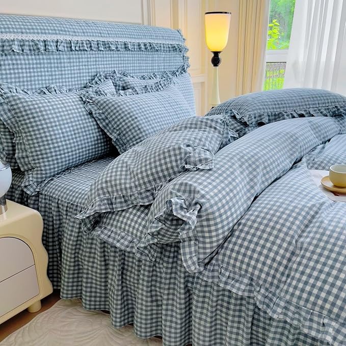mixinni Vintage Blue Gingham Ruffle Comforter Set 3-Piece Washed Cotton Twin XL Size Grid Bedding Set with Geometric Checkered Pattern, Farmhouse Chic Soft Fluffy Comforter for All-Season