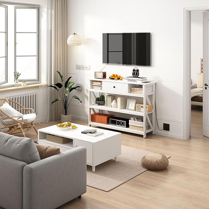 Mexin 39 Inch Console Table with 2 Outlet and 2 USB Ports, Entryway Table with Drawer and Storage Shelves, Narrow Sofa Table for Living Room and Hallway, White