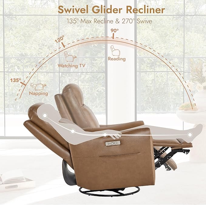 Watson & Whitely Genuine Leather Power Recliner Chairs for Adults, Swivel Glider Recliner Chair for Living Room with Charging Ports, Saddle