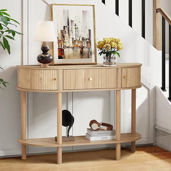 43.3“ Fluted Half Moon Console Table, Modern Entryway Console Sofa Table with Storage, Narrow Wood Accent Tables Behind Couch Tables for Living Room, Hallway, Foyer(Natural)