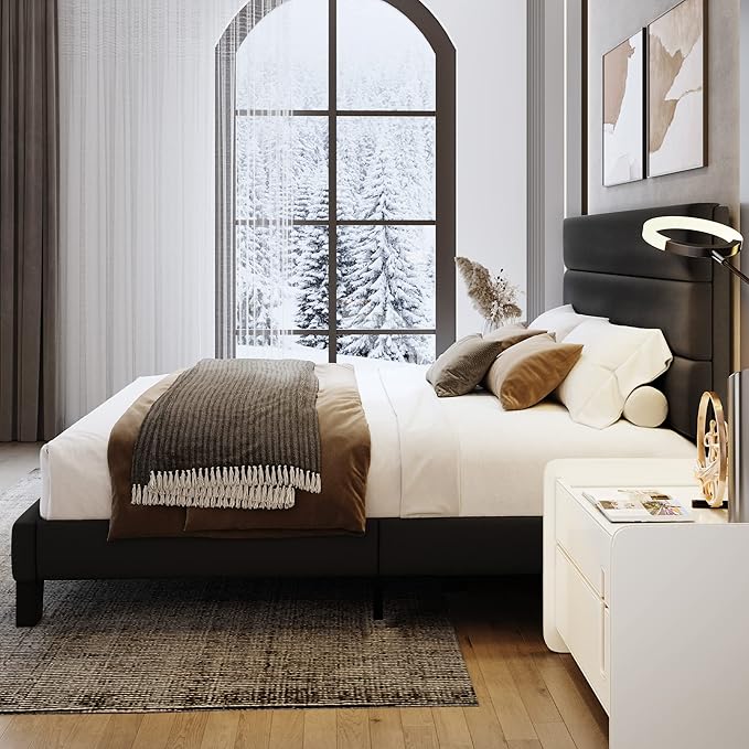 WEEWAY Full Size Bed Frame Platform Bed with Velvet Upholstered Headboard and Wooden Slats Support, Heavy Duty Mattress Foundation, No Box Spring Needed, Easy Assembly, Black