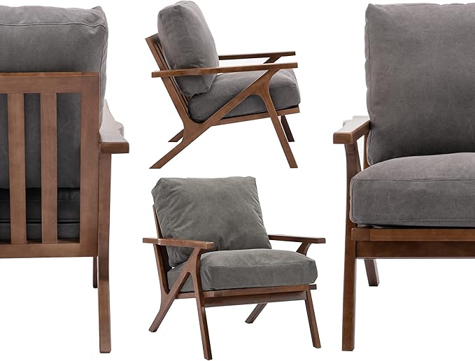 Wahson Set of 2 Mid Century Chair, Retro Upholstered Accent Armchairs, with Wood Frame and Removable Canvas Cushions, Large Leisure Slipper Chair for Living Room/Bedroom, Grey