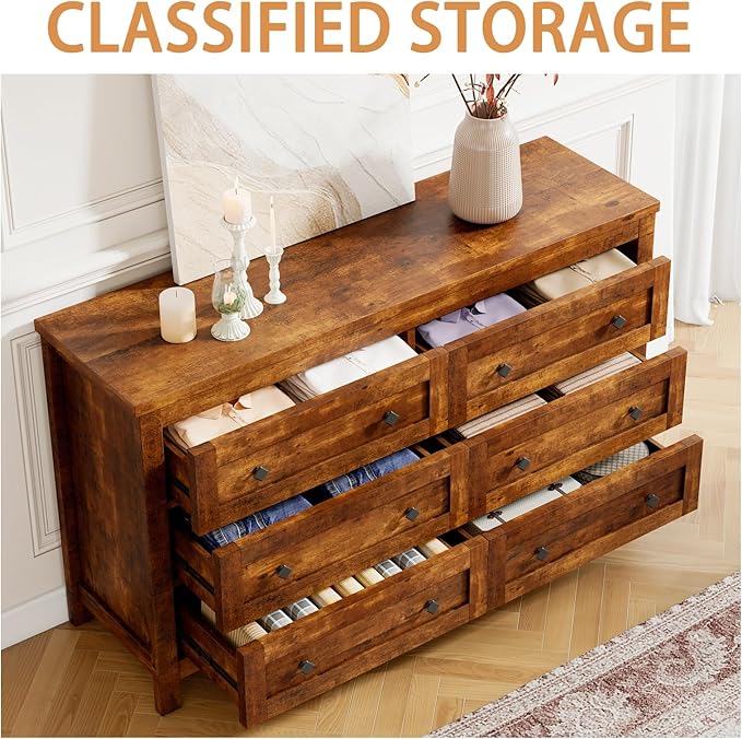 Farmhouse 6 Drawers Dresser, Wood Rustic Chest of Drawers for Bedroom, Closet Storage Dressers Organizer, 6 Drawers Chest for Living Room, Hallway, Rustic Brown