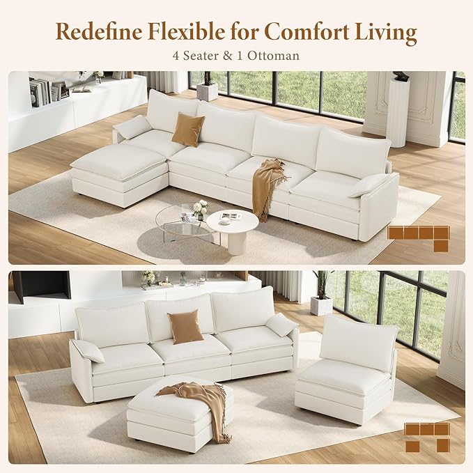 Vesgantti 142" Cloud Couch Sectional Modular Sofa, Comfy Sectional Couch with Ottoman Deep Seat Chenille L Shaped Sofa, Modular Couches for Living Room, Bedroom and Apartment, Snow White
