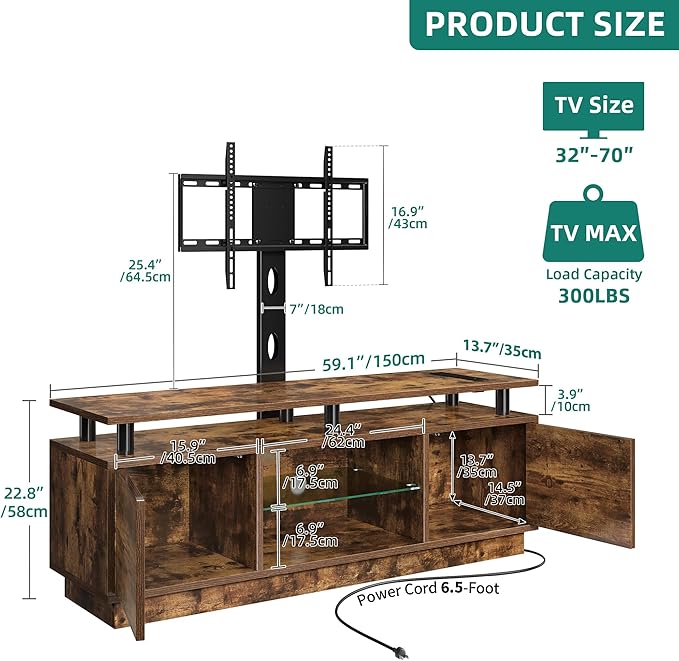 YITAHOME TV Stand with Adjustable Mount & Power Outlet, Entertainment Center with Storage, LED TV Stand for 70/65/60 Inch TVs, TV Cabinet with Storage, Media Console for Living Room, Rustic Brown