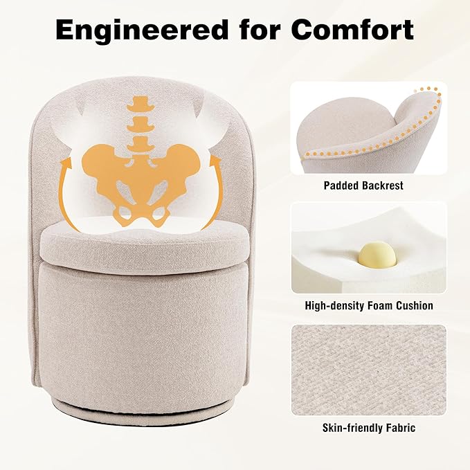 YOUNIKE Vanity Bench Boucle Fabric Beige Solid Wood Swivel Accent Chair with Backrest Easy Assembly Dressing Stool for Bedroom & Makeup Room