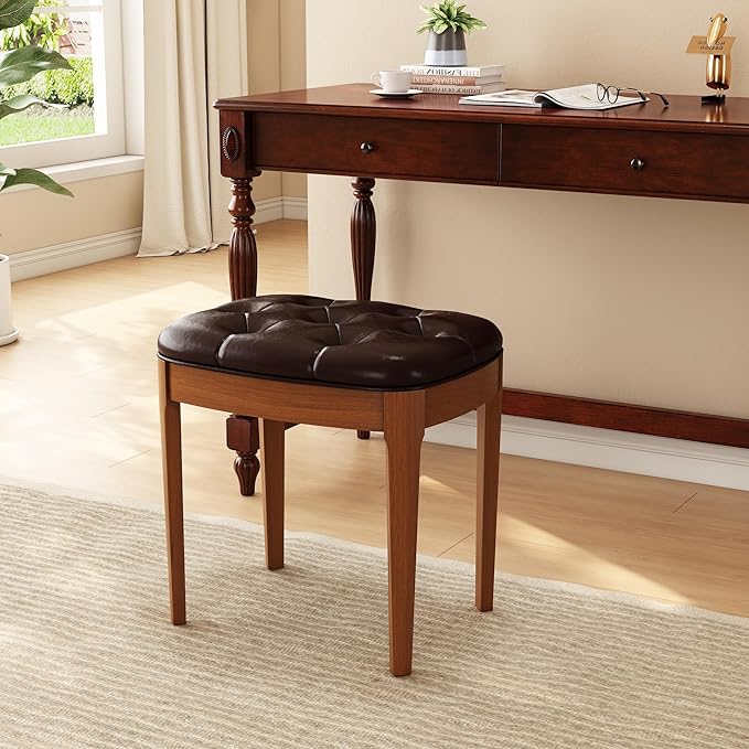 Solid Wood Button Tufted Vanity Stool, Ottoman Stool with Wood Legs & Padded Seat PU Leather Upholstered Piano Bench with Non-Slip Foot Pads Accent Chair for Bedroom Entryway, Dark Brown