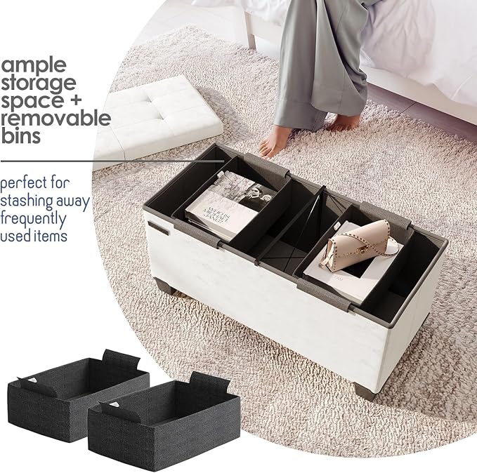 STORAGEBUD Storage Ottoman Bench with Bins, 30-in Storage Bench for Bedroom End of Bed, Folding Foot Rest Ottoman for Living Room Max 660lbs, Velvet Ottomans, Cream