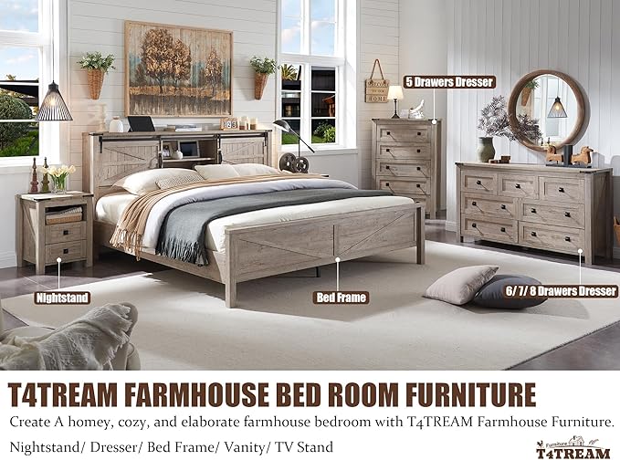 T4TREAM Farmhouse Nightstand Set of 2 with Charging Station, Rustic End Table with 2 Drawers, Storage Open Shelf for Bedroom, Living Room, Wood Side Table, Light Rustic Oak