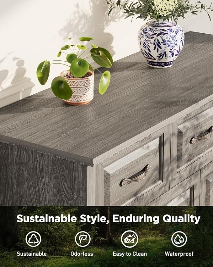 Pipishell Grey 7 Drawers Dresser for Bedroom, 47" Wide Wood Rustic Chest of Drawers with Bar Handles, Farmhouse Storage Dressers Organizer for Bedroom, Living Room, Hallway, Grey