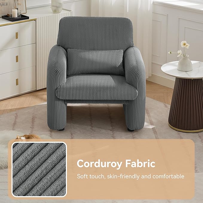Corduroy Fabric Accent Chairs Set of 2, Modern Upholstered Living Room Chairs with Lumbar Pillow, Wide Comfy Leisure Armchair for Bedroom, Office, Reading, Grey