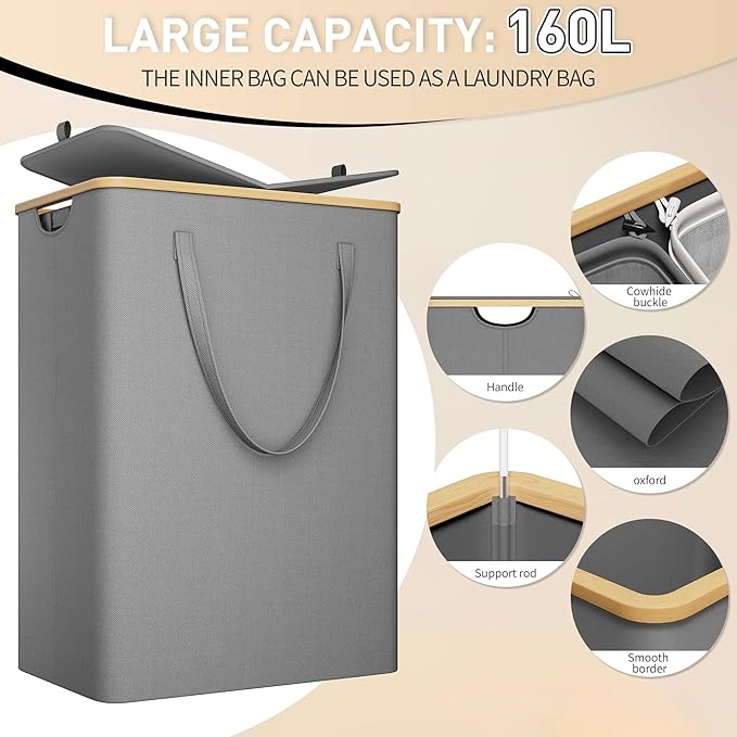 160L Double Laundry Hamper with Lid 2 Section, Large Bamboo Laundry Basket with 2 Removable Bags, Clothes Hampers for Laundry for Bedroom, Bathroom, Dorm, Laundry Room, Grey
