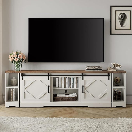 WAMPAT Modern Farmhousen TV Stand for up to 95" TVs,3-in-1 Wood Entertainment Center with Sliding Barn Door and Adjustable Media Storage Shelf for Living Room,Cream White