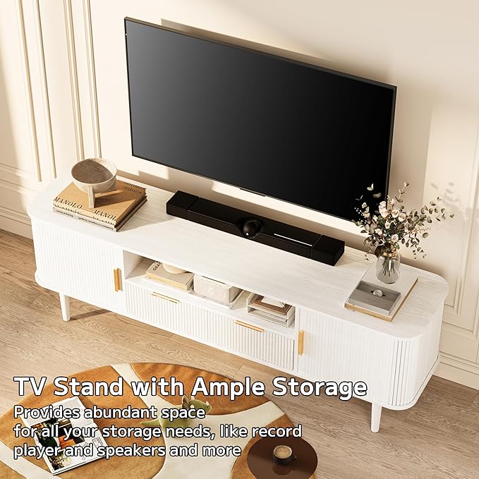 TV Stand 62.4 Inch Mid Century Modern Media Console Table with Drawer Sliding Tambour Door Farmhouse Sideboard Buffet Cabinet Fits TVs up to 75 inch Fluted Wood Entertainment Center(White)