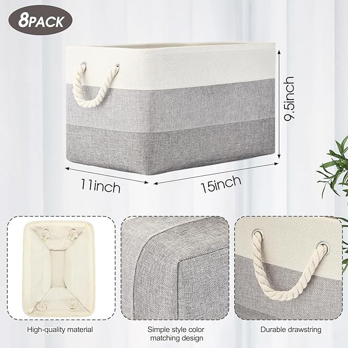 meekoo 8 Pack Collapsible Storage Bins Fabric Storage Bins Polyester Fabric Baskets with Handles Linen Closet Organizer for Shelf Home Closet Towels Toys(15 x 11 x 9.5 in,Mixed Gray)