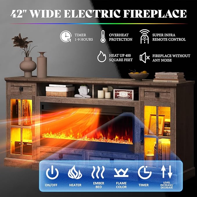 AMERLIFE 70” Fireplace TV Stand for 80 Inch TV, Farmhouse TV Stand with 42" Fireplace & LED Lights, Entertainment Center with Storage Drawers & Cabinets, Light Oak