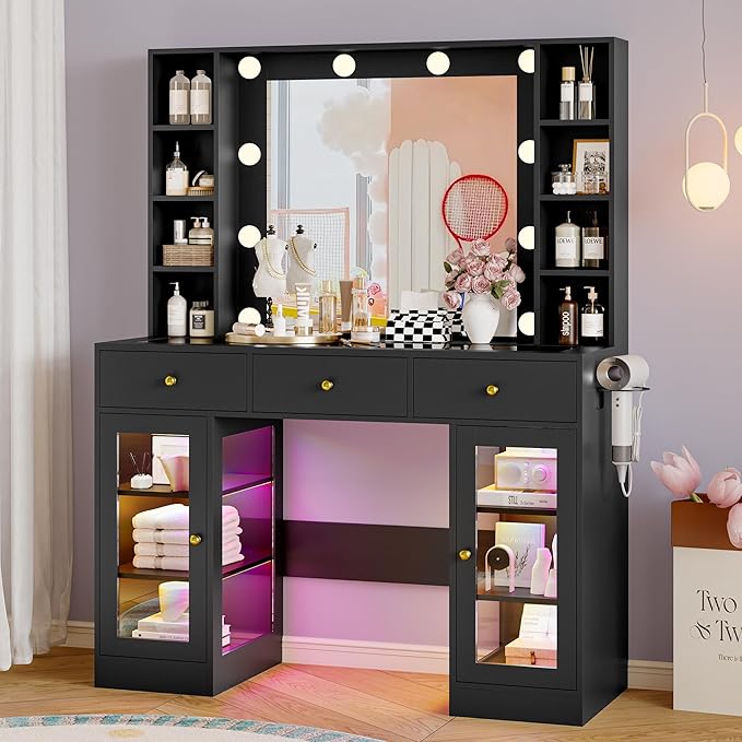 Makeup Vanity Desk with Mirror and Lights, Black Vanity with Glass Top, LED Lights & Power Outlet, 3 Drawers & 2 RGB Glass Cabinets, Adjustable Lighted Dressing Table for Women & Girls Bedroom
