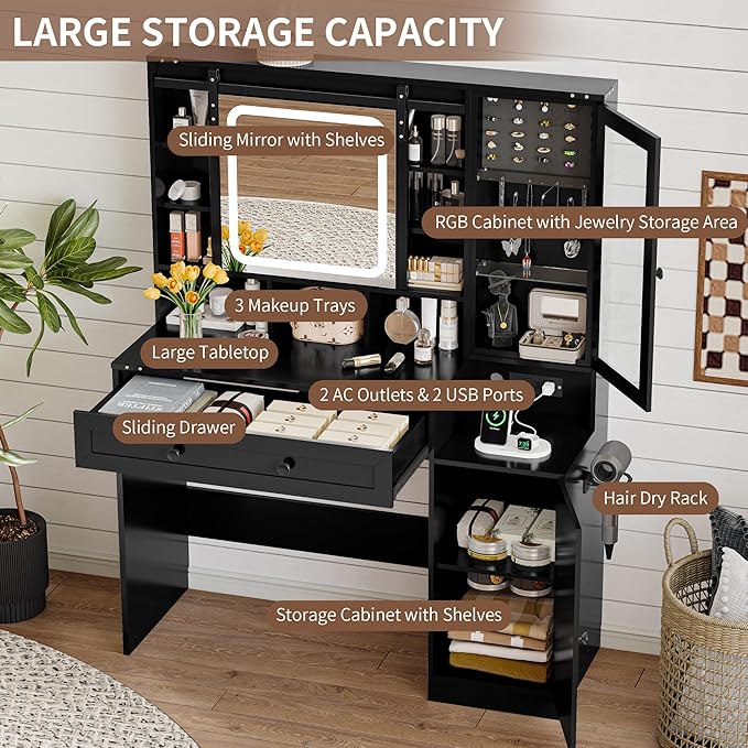 Makeup Vanity Desk with Sliding Mirror and Lights, Farmhouse Vanity Table Set with Power Outlet & RGB Cabinet, Dressing Table with Storage Drawers & Shelves for Kids Girls Women Bedroom, Black