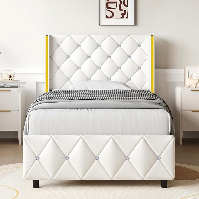 Twin Bed Frames with Headboard, Bed Frame Twin with Diamond Tufted Design, Upholstered Platform Bed with Wingback, No Box Spring Needed, Easy Assembly, White