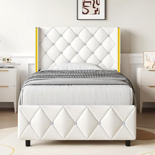 Twin Bed Frames with Headboard, Bed Frame Twin with Diamond Tufted Design, Upholstered Platform Bed with Wingback, No Box Spring Needed, Easy Assembly, White