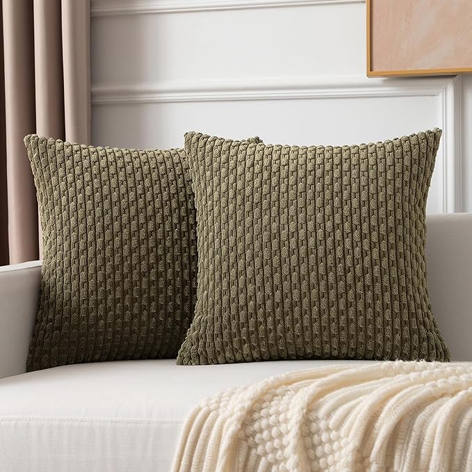 Kevin Textile 2 Packs Olive Green Euro Farmhouse Decorative Throw Pillow Covers 26x26 Inch for Living Room Couch Bed Sofa Rustic Boho Home Decor Soft Striped Corduroy Square Cushion Case 66x66 cm