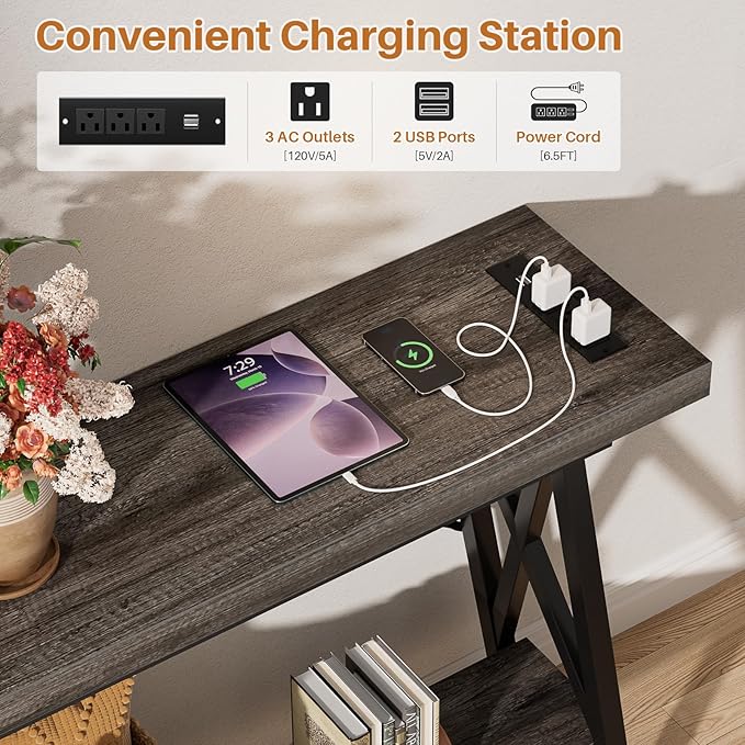 Homieasy 70.9 Inch Extra Long Console Table with Charging Station & Storage Shelf - Industrial Style Sofa Table Behind Couch for Living Room & Entryway, Grey