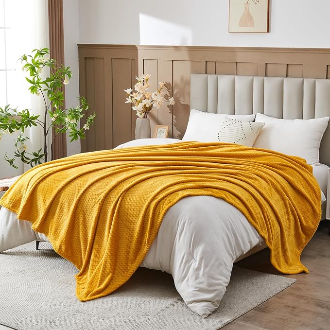 NEWCOSPLAY Super Soft King Blanket Mustard Yellow Premium Silky Flannel Fleece Leaves Pattern Lightweight Bed Blanket All Season Use (Mustard Yellow, King(90"x110"))
