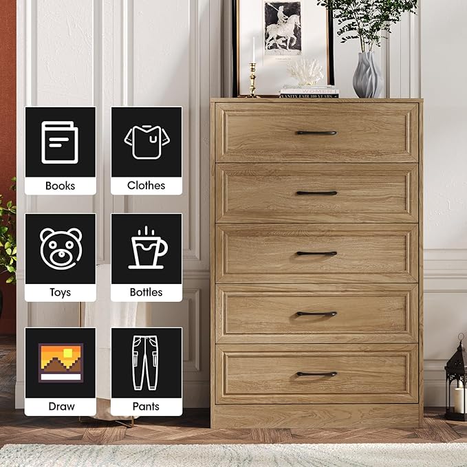 Fameill Dresser for Bedroom, 5 Drawer Tall Dresser Organizer, TV Stand for Livingroom, Chest of Drawers with Metal Handles, Oak