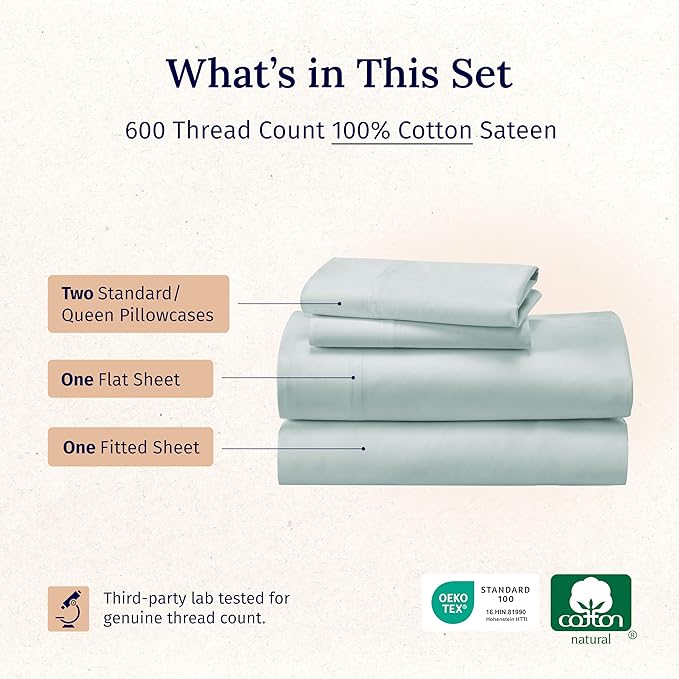 California Design Den - Luxury Full Size Sheet Set - 100% Cotton, 600 Thread Count Deep Pocket Full Size Bed Sheets, Hotel-Quality Cooling Sheets with Sateen Weave - Seafoam