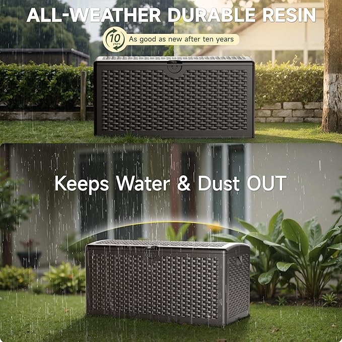 80 Gallon Resin Deck Box, Waterproof & Outdoor Indoor Lockable Storage Box for Patio Furniture Cushions Garden Tools (Brown)