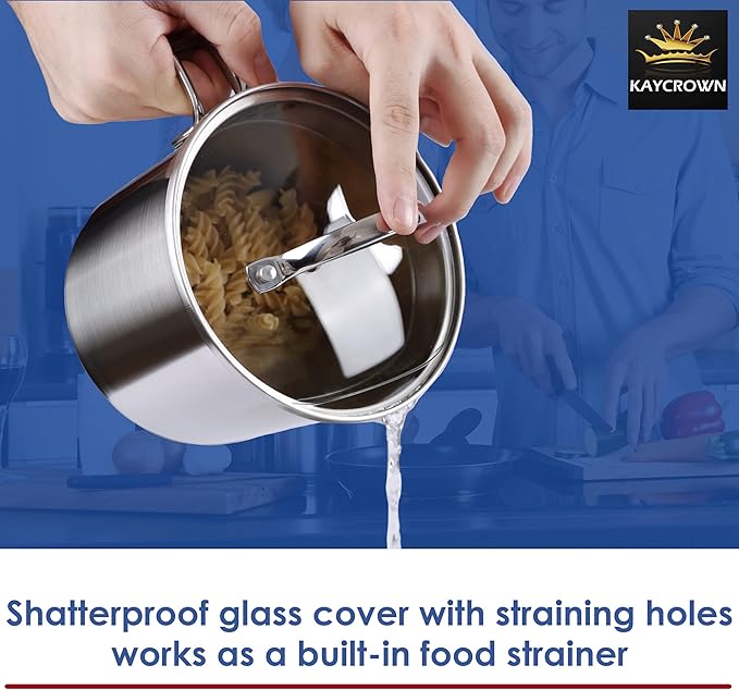 Stainless Steel Saucepan with Glass Lid, Multipurpose 1.5 Quart Sauce pan Sauce Pot with Straining Cover & Pour Spouts for Boiling Milk, Sauce, Gravies, Pasta, Noodles