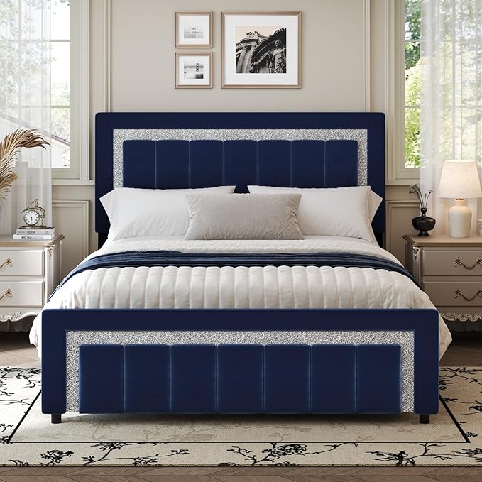 HOMBCK Queen Bed Frame with Headboard and Footboard and Footboard, Velvet Upholstered Platform Bed Frame with Diamond Design, No Box Spring Needed, Easy Assembly, Blue