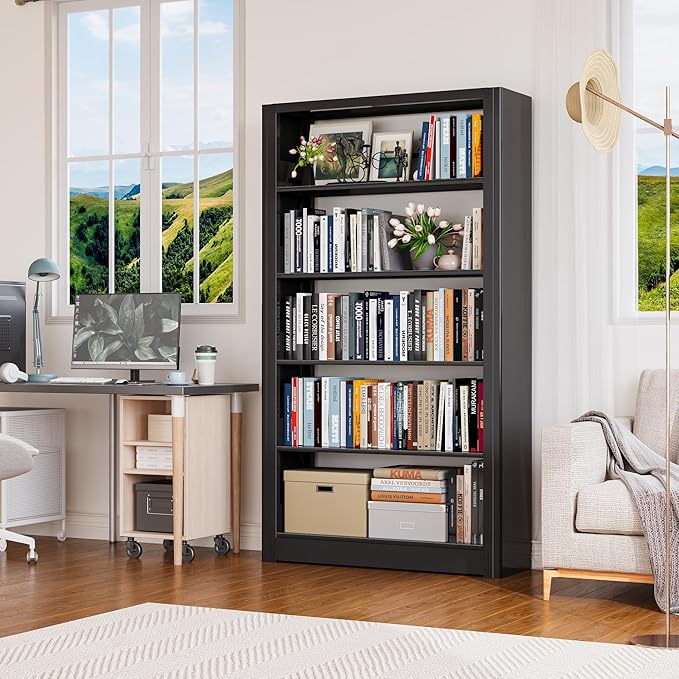 Heavy Duty 5-Tier Metal Bookshelf, Industrial Tall Book Shelf with Adjustable Shelves, 280lbs Shelf Capacity, Large Office Bookcase, Display Book Organizer for Living Room Bedroom Library -69”H,Black