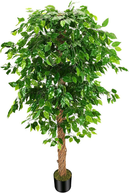 6ft Artificial Ficus Silk Tree (72in) with Plastic Nursery Pot Faux Tree, Fake Plant for Office House Farmhouse Living Room Home Decor (Indoor/Outdoor)
