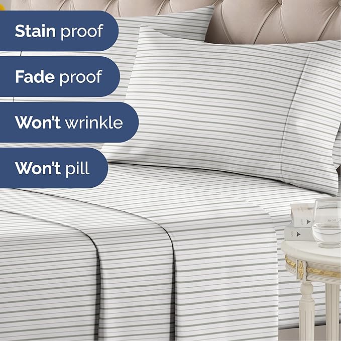 Striped Sheets - Light Grey & White Striped Sheets - 1 Flat & 1 Fitted & 1 Pillowcase w/ Deep Pockets – Wrinkle & Fade Free - Soft, Breathable & Cooling – Luxury Pinstripe Bedding - Twin Size Bed Set