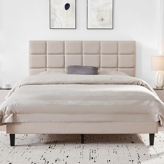 BedsPick Full Size Bed Frame with Fabric Upholstered Headboard, Bed Frame Full Size with Solid Wooden Slats Support, No-Noise, Easy Assembly, No Box Spring Needed with 800LBS, Beige
