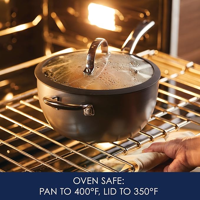 Rachael Ray Cook + Create Hard Anodized Nonstick Saucier Pan/Saucepan with Lid and Helper Handle, 4.5 Quart - Black