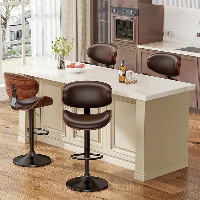 Bar Stools Set of 4, Modern Pu Leather Swivel Adjustable Bar Stool Counter Height Stool Set, Bar Chair with Back and Footrest for Kitchen, Dining Room, Brown