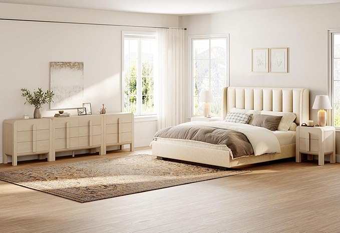 WAMPAT 5 Piece Dresser and Nightstand Sets for Bedroom, Modern 47.2" Wide 6 Drawer Chest & 3 Drawer Dresser Set of 2, and Nightstand Set of 2 with Charging Station for Bedroom, Living Room, Light Oak