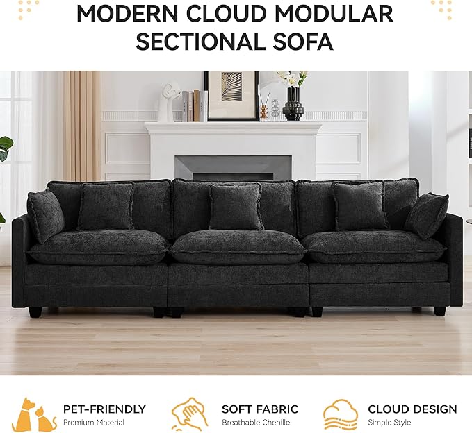 111'' Sectional Cloud Deep Seat Couch, Modern Comfy Chenille Modular Sectional Sofa for Living Room Set, Upholstered Modular 3-Seats Sofa Couch, Dark Grey