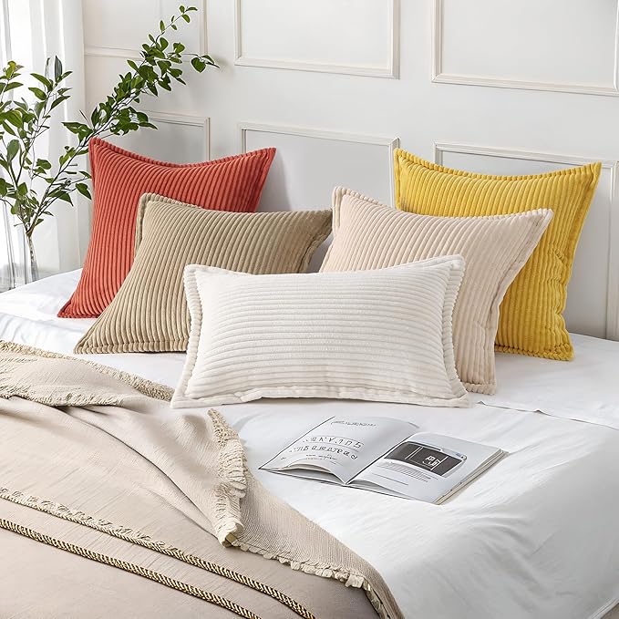 Mecatny Corduroy Throw Pillow Covers 24x24 Set of 2, Neutral Decorative Soft Boho Couch Pillow Covers with Broadside for Sofa Living Room, Mustard Yellow