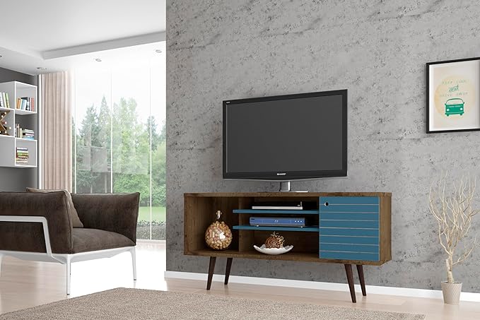 Manhattan Comfort Liberty Mid Century Modern TV Stand for Televisions up to 50 Inches, Bedroom and Living Room Entertainment Center with Storage, Shelves, and Cabinet, 53" Wide, Rustic Brown/Aqua